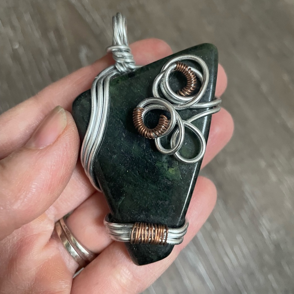 Handcrafted Green Stone Pendant with Silver and Copper Wire Wrap